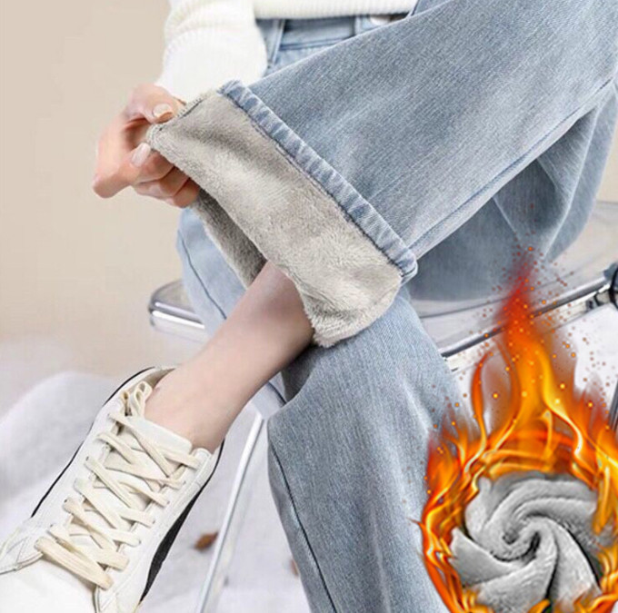 Fall/Winter Women Fleece Jeans High waist Straight Denim pant Warm trousers Gift