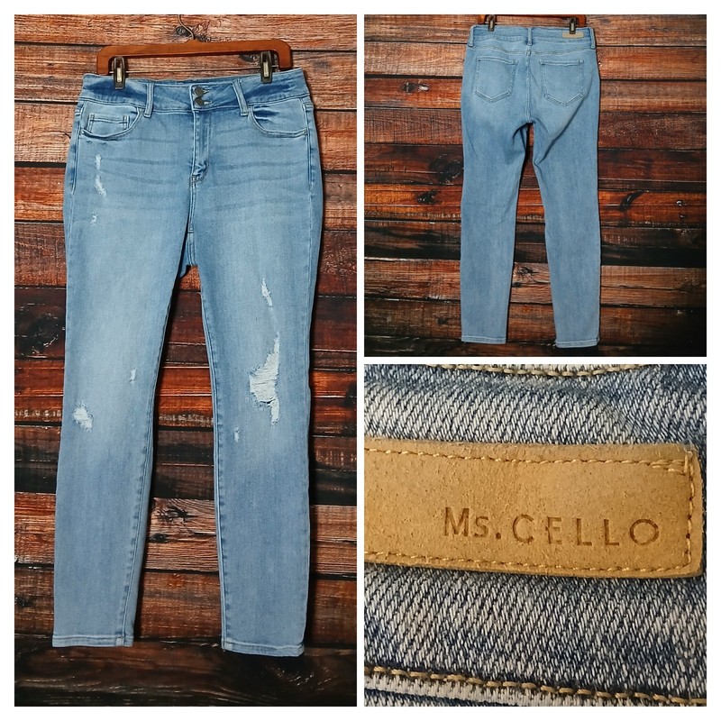 Ms. Cello Jeans Size 14 Skinny High Rise Distressed Blue Denim Stretch