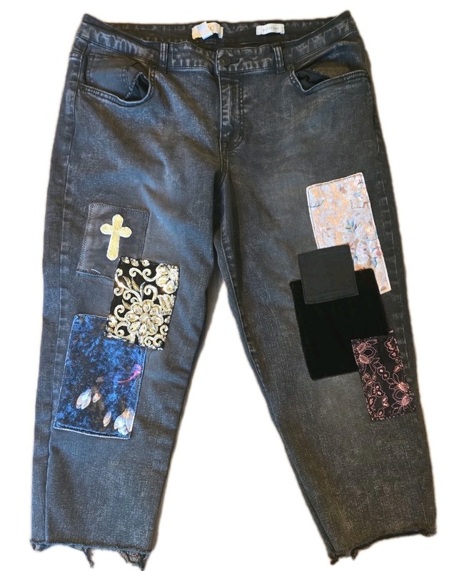Lori Goldstein raw hem Patchwork Boyfriend Crop high-rise Jeans Black Y2k Sz 14