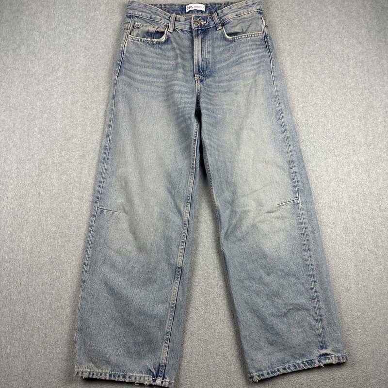 Zara Jeans Womens 4 Stone Wash Wide Leg Denim Distressed High Waist Whiskering