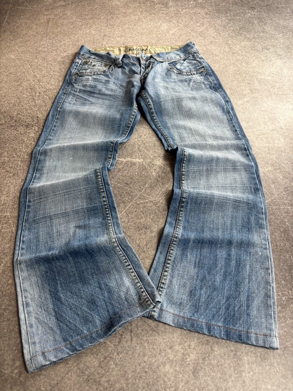 Fishbone Y2K Flare Jeans Wide Leg Low Rise Faded Blue Denim Vintage 2000s Style